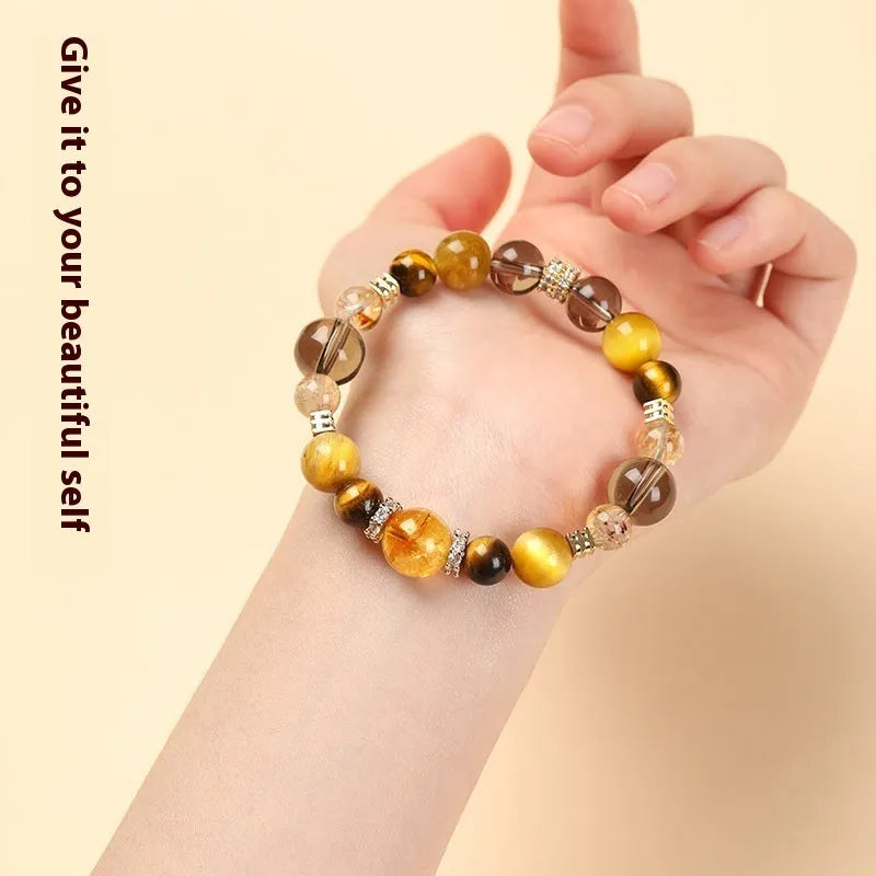 Lucky Jinba natural yellow crystal tiger-eye bracelet in geometric design, showing 10mm and 12mm size options