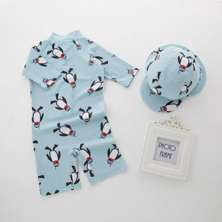 Boys' penguin print long sleeve one-piece swimsuit with matching swimming cap set