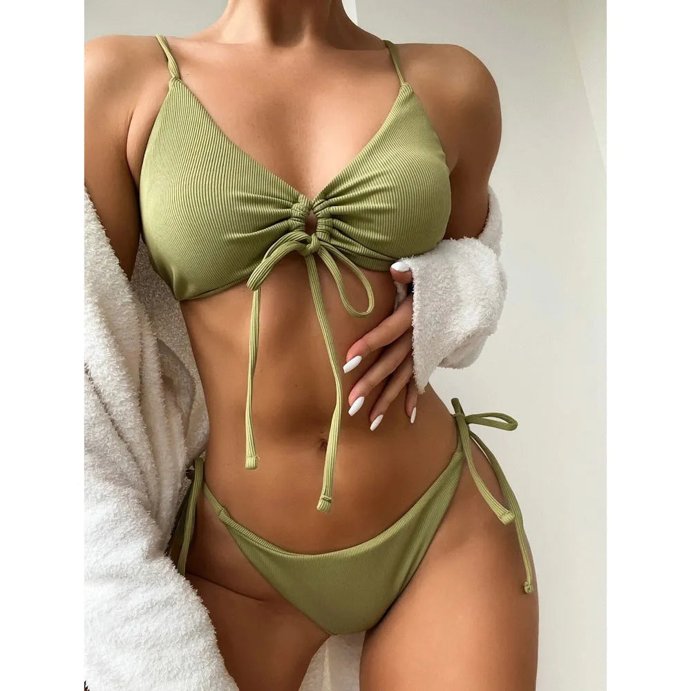 Women's solid colour drawstring swimsuit bikini in quick-drying nylon fabric