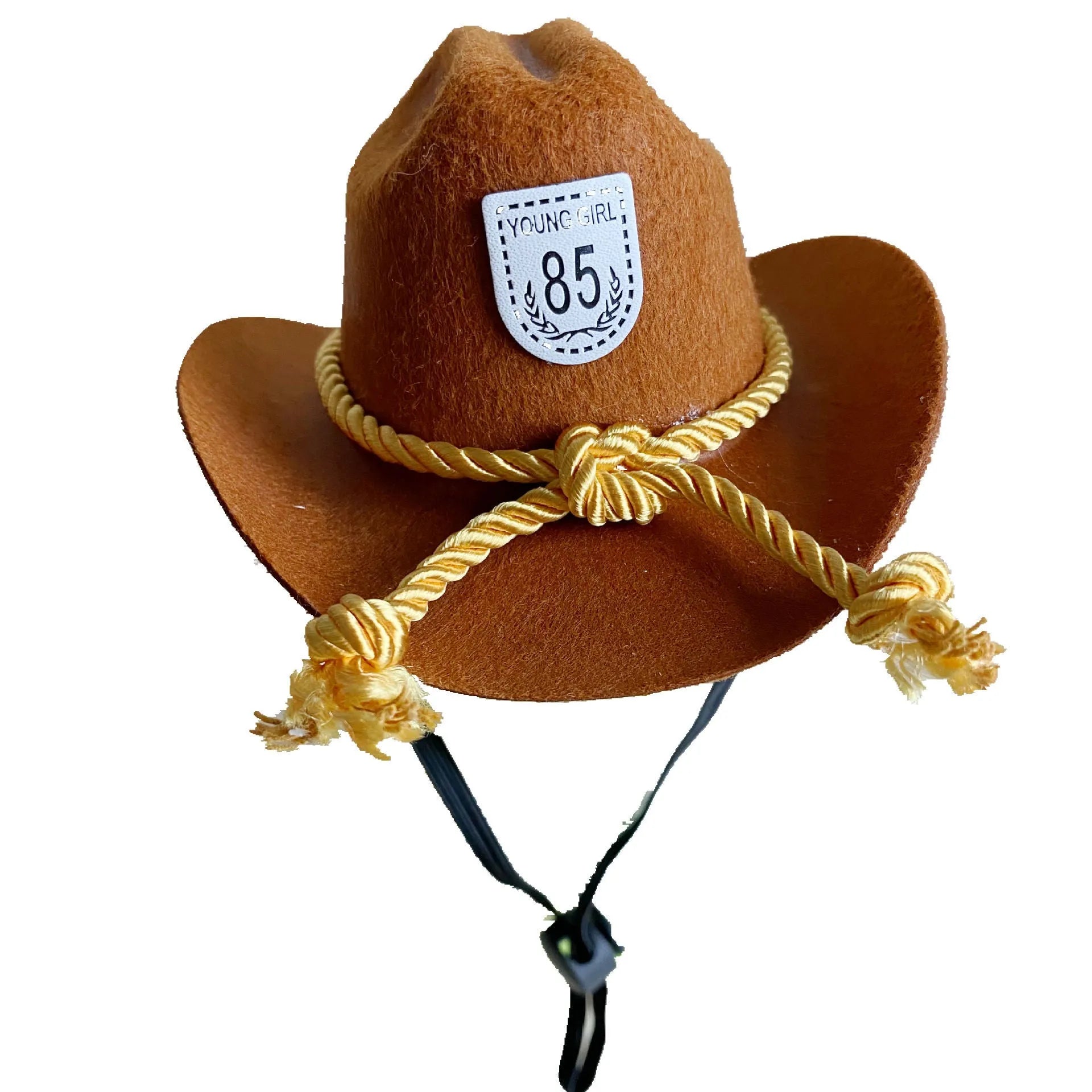 British cowboy style hat for a cat, made from brown non woven fabric with a black ribbon trim.