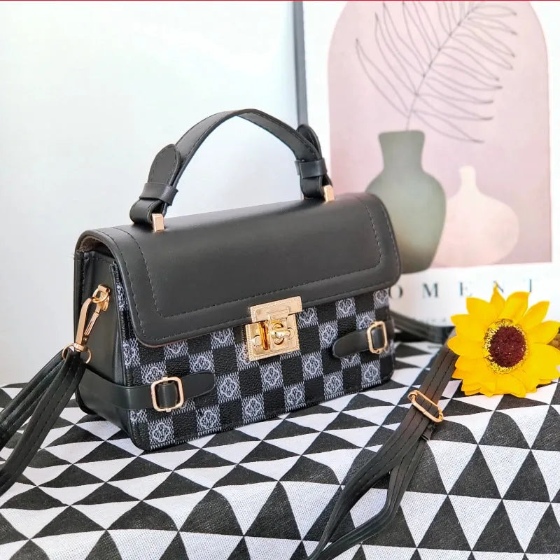 Retro square crossbody bag with floral stitching and plaid patterns in apricot colour