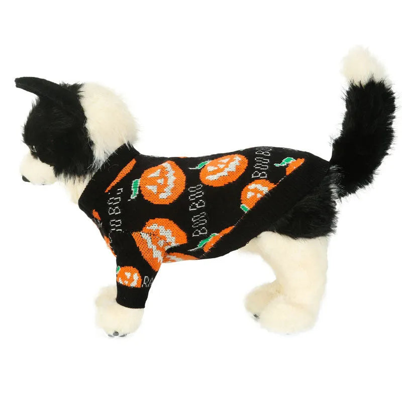 Black dog sweater with pumpkin pattern for Halloween in sizes S to XXL