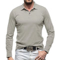 Man wearing a dark gray long-sleeved polo collar T-shirt in an American retro style.
