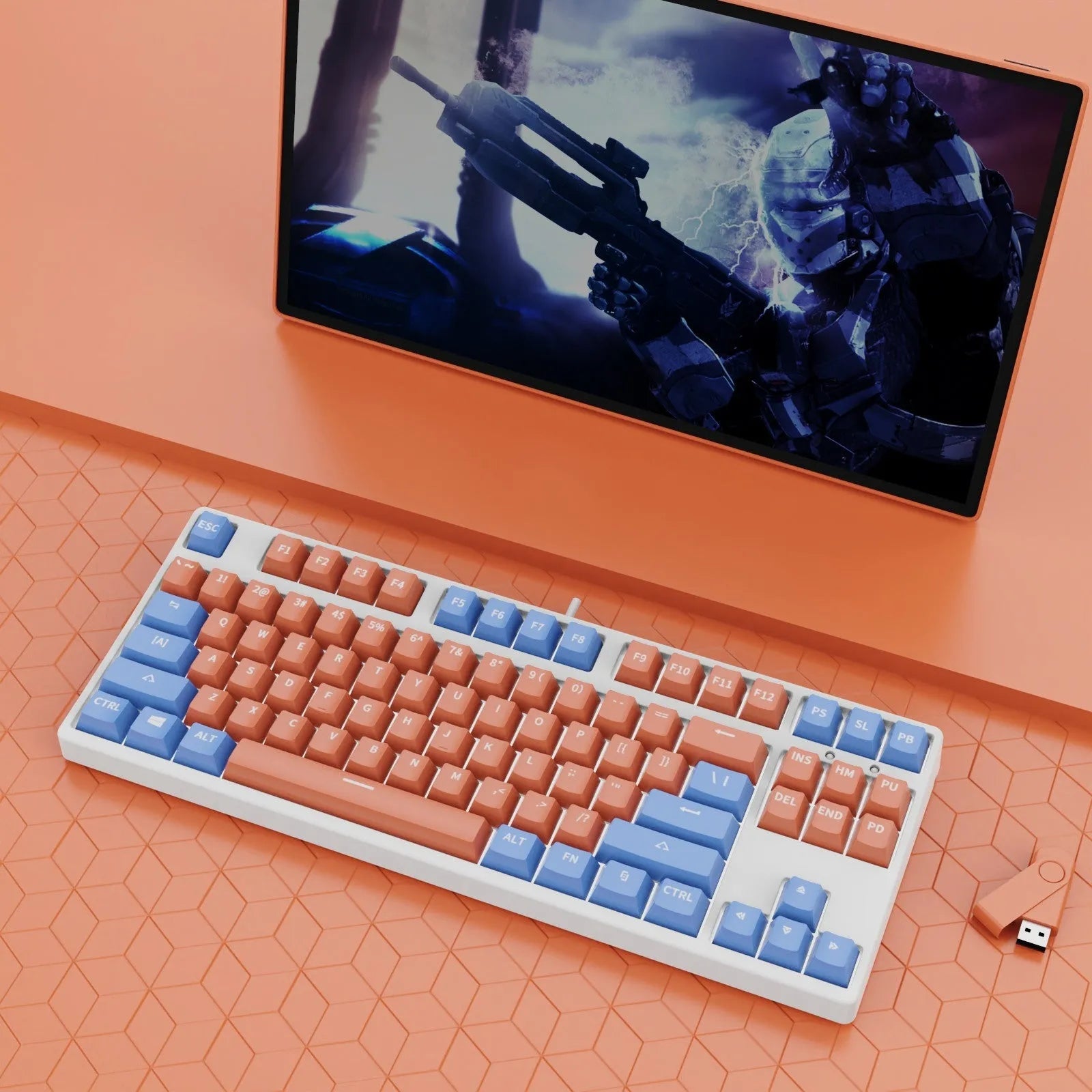 87-key wired mechanical gaming keyboard with multi-colour keycaps on a metal body.