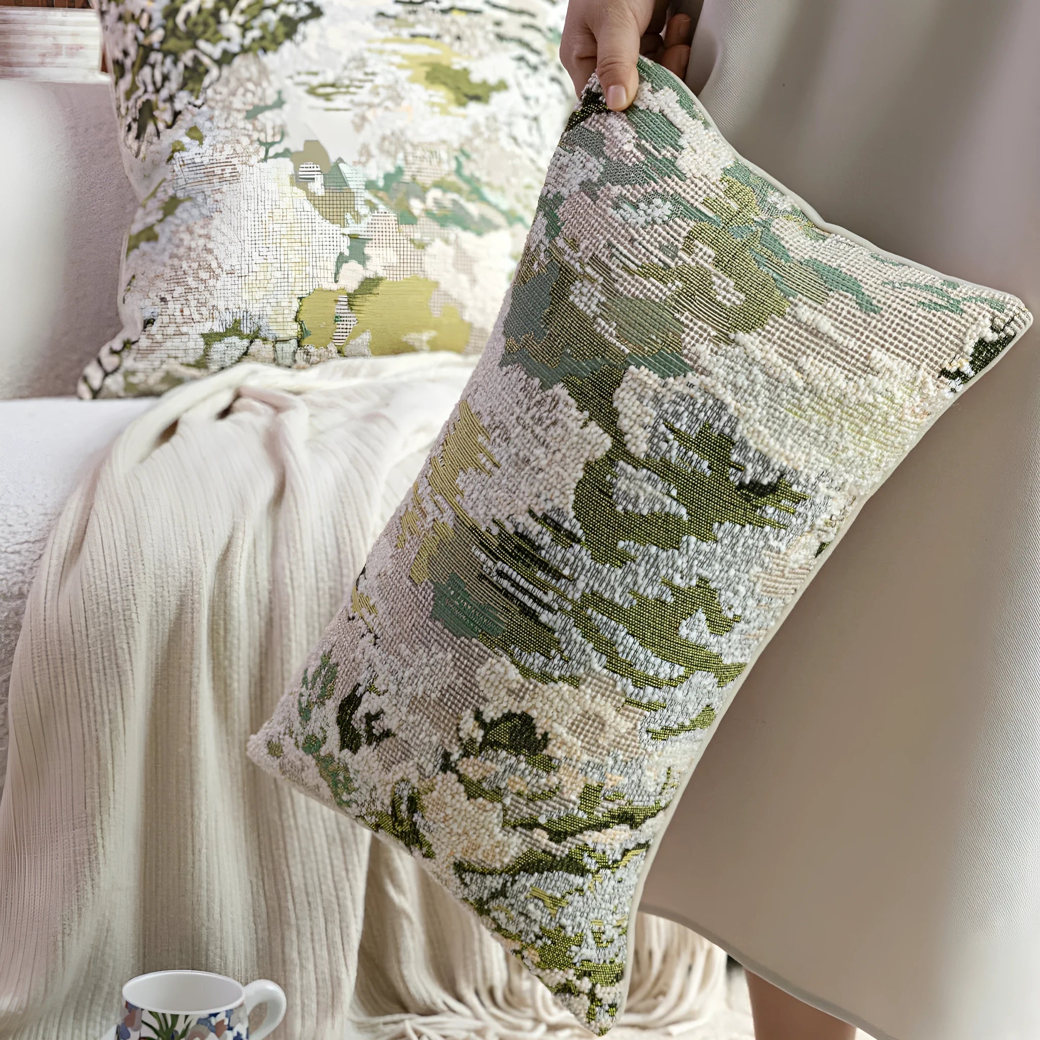 Antique green wool blend decorative pillow with abstract floral pattern, shown in lumbar and square sizes.