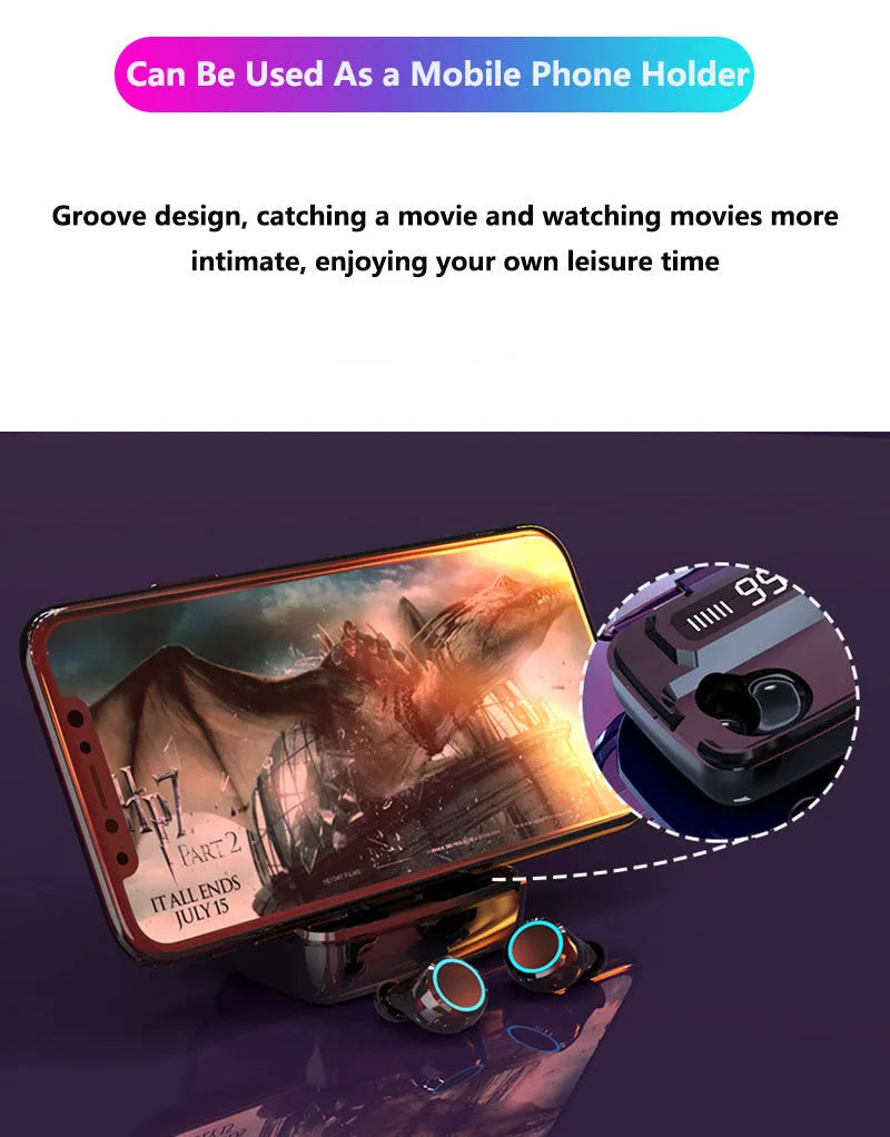 Black M11 Bluetooth wireless headset with charging case and integrated mobile phone holder.