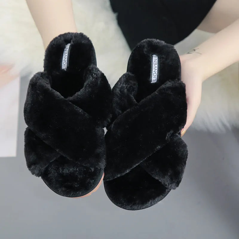 Cross open-toe fur slippers in multiple colours showing patterned sole and anatomical heel.