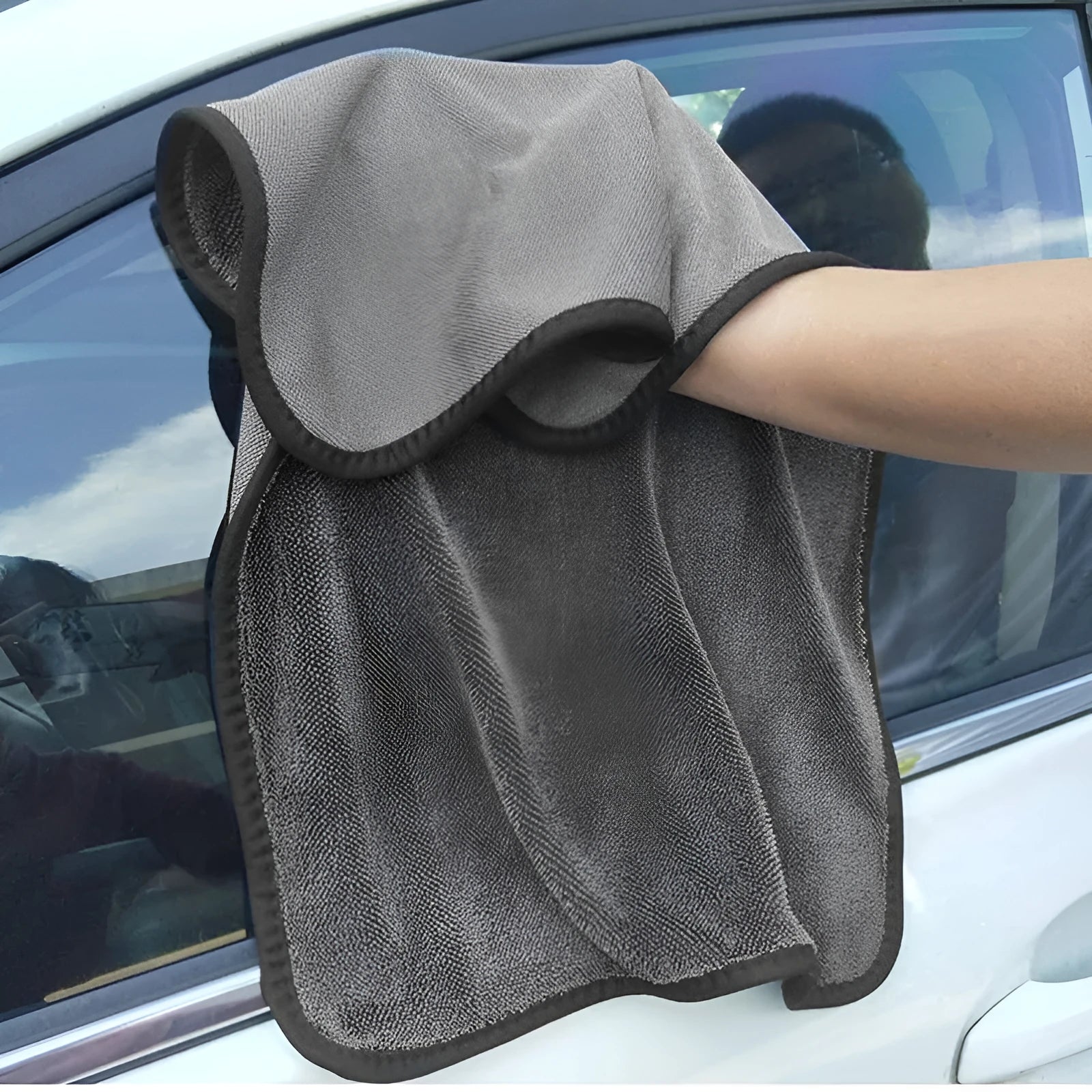 Grey 40cm by 40cm microfibre car wash drying towel laid flat.