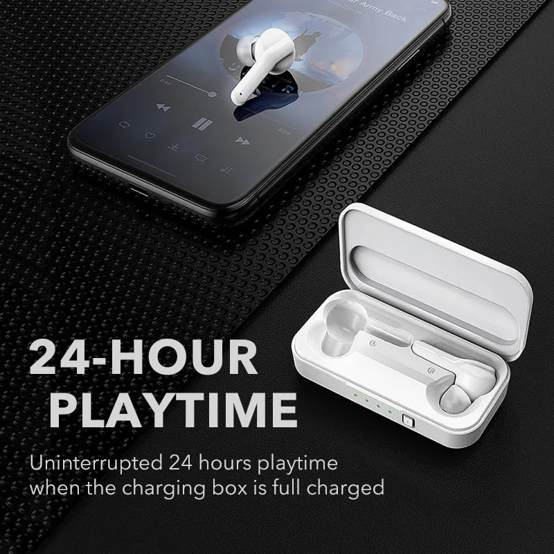 Black and white TWS Bluetooth wireless earbuds with IPX5 waterproof rating