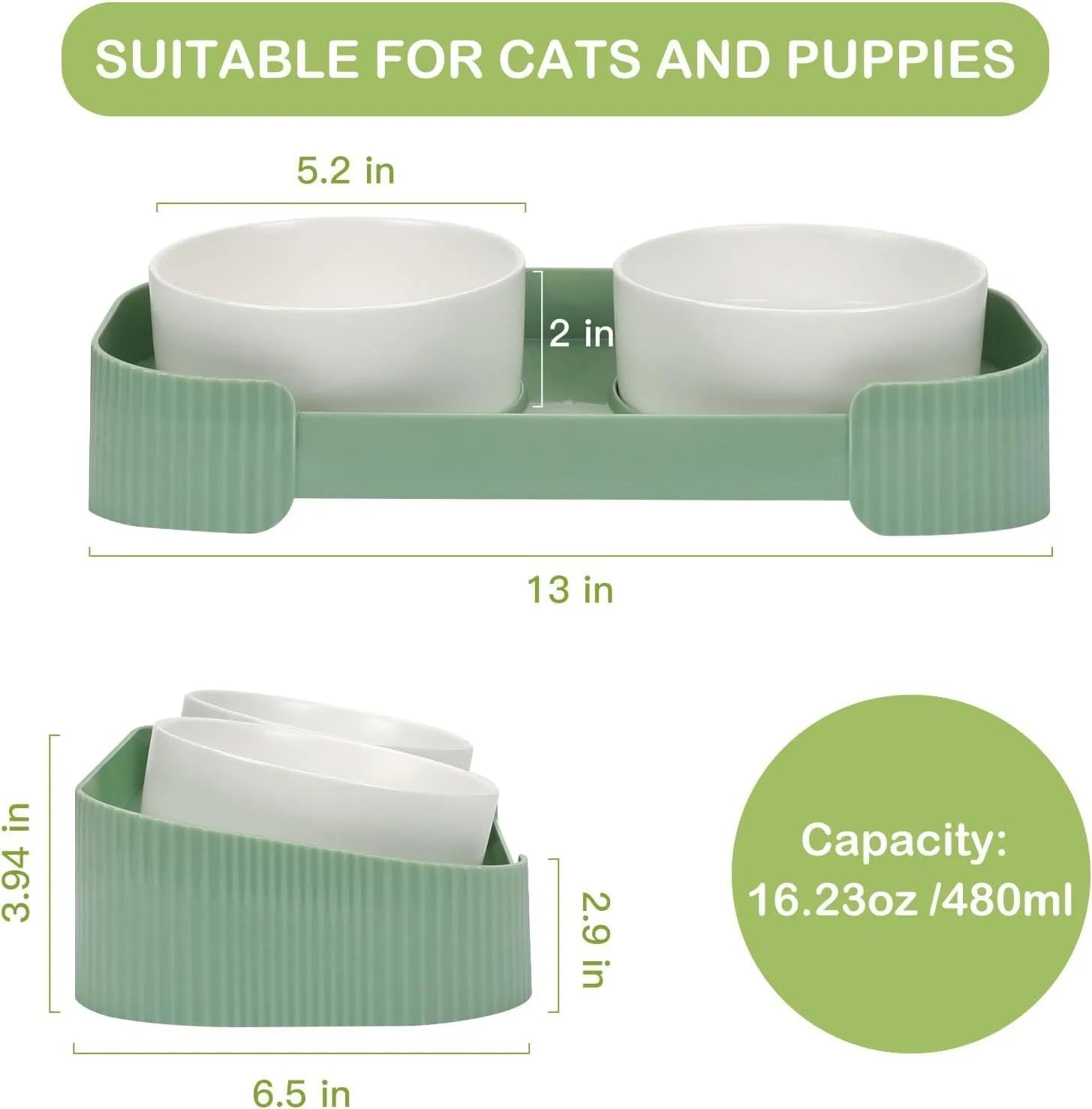 Ceramic elevated cat bowls set with green bowls on tilted stand
