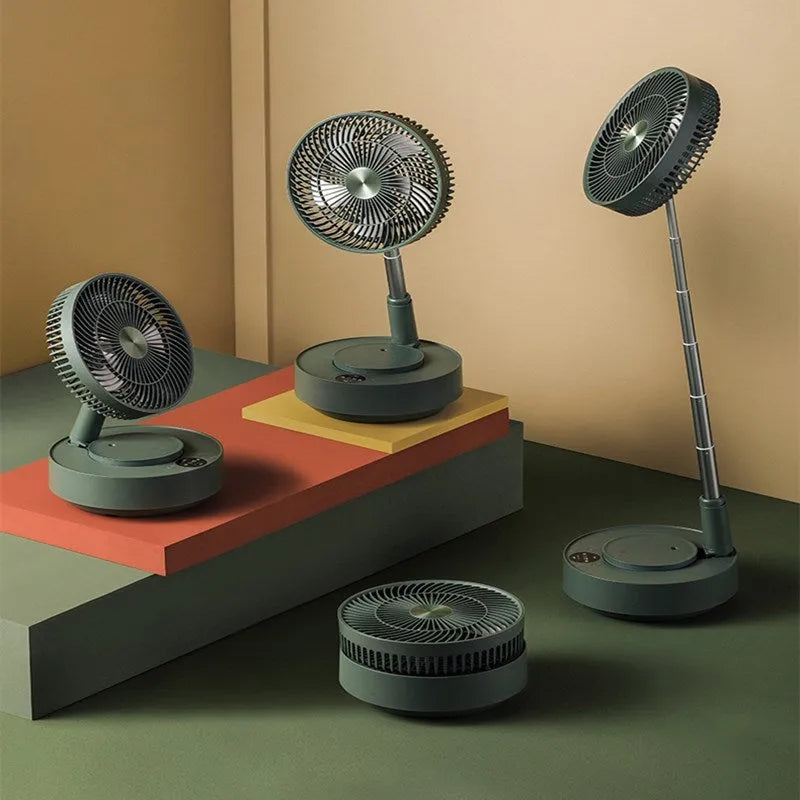 Green and white telescopic electric fan showing both desktop and extended floor-standing configurations