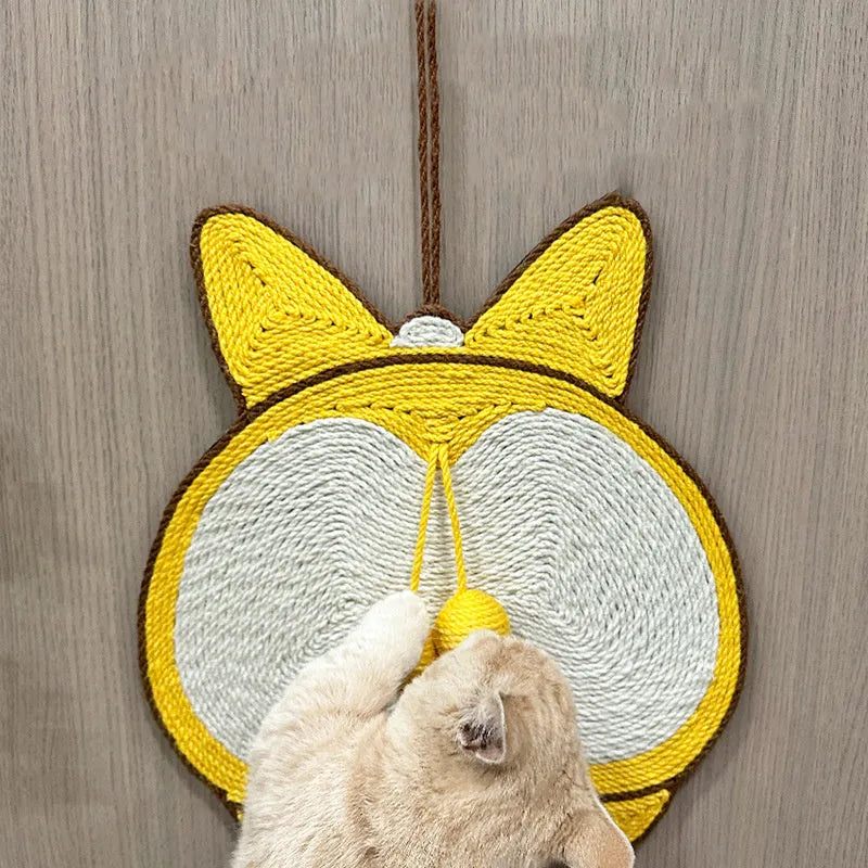 Yellow sisal cat scratching board with Corgi butt design and anti-slip base