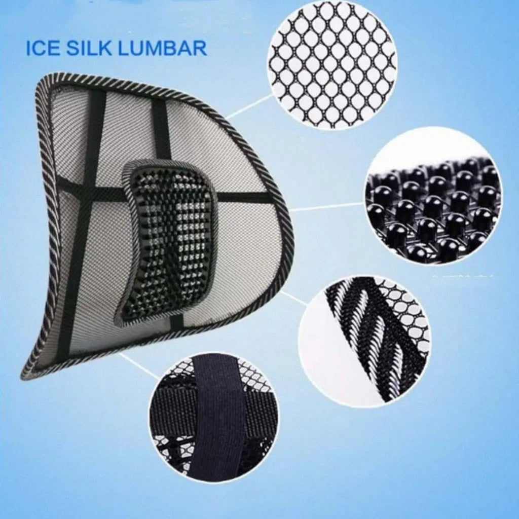 Black car lumbar support pillow with steel wire frame measuring 41cm by 39cm