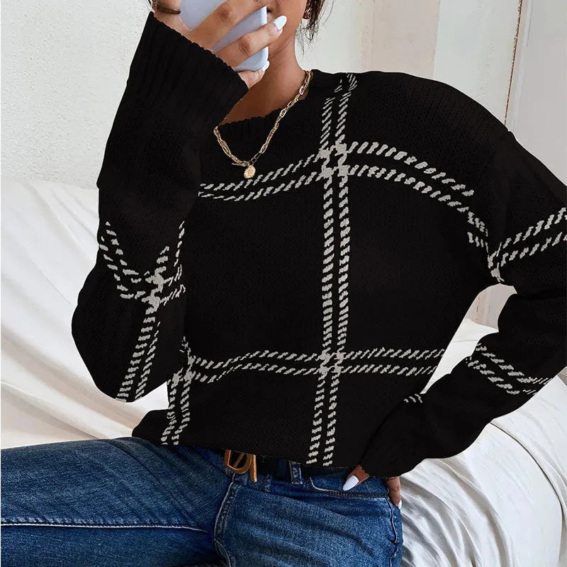 Women's plaid colour-block acrylic sweater with crew neck and regular sleeves in medium thickness