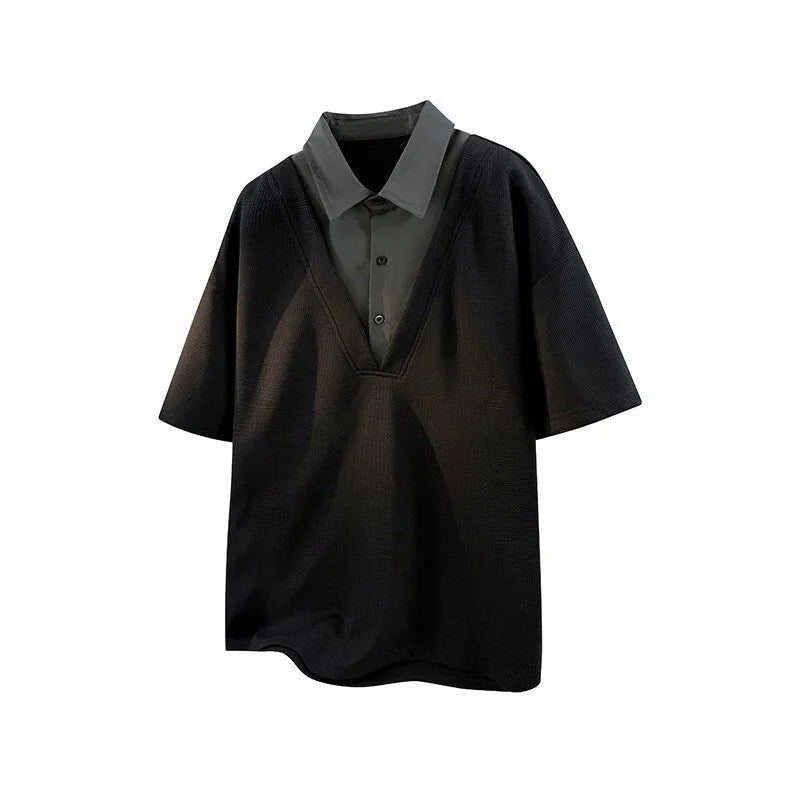 Men's heavy henry collar polo shirt sweater with padding in black colour
