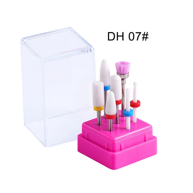 Tungsten steel nail drill polishing head set with six bits and a brush in a transparent case.