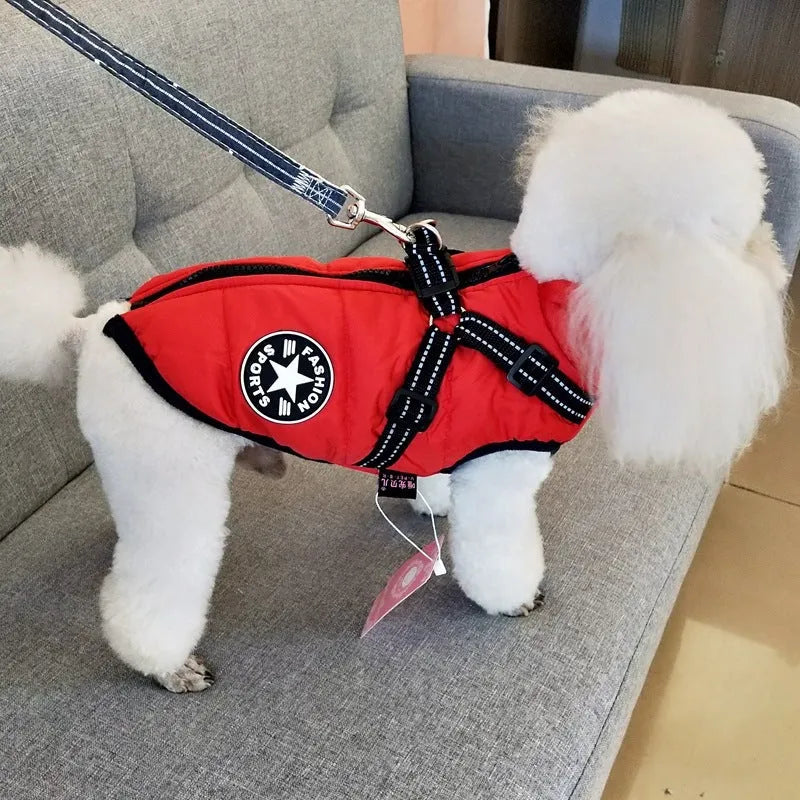Waterproof dog coat with harness in red, navy blue, or army green, sizes XS to 4XL