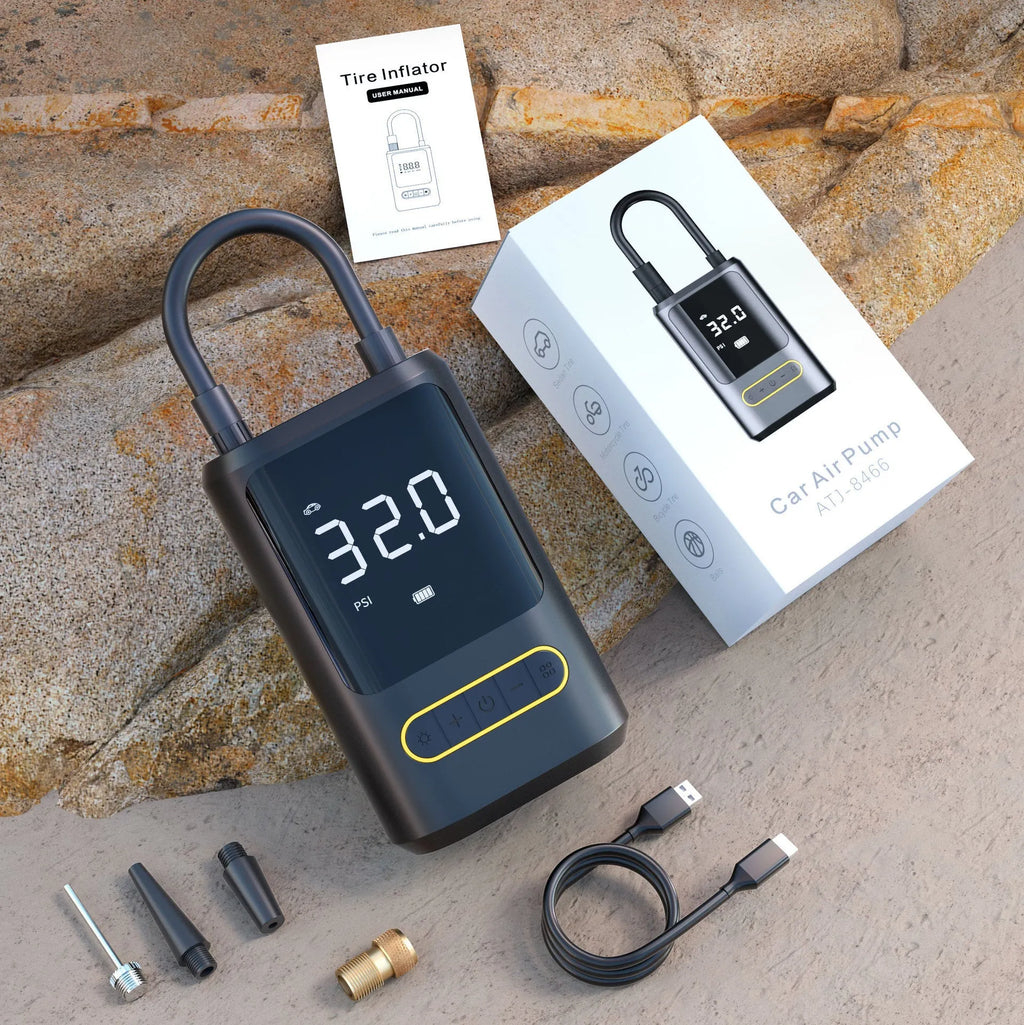 Handheld wireless digital display car tyre inflator with LED light and connection cables