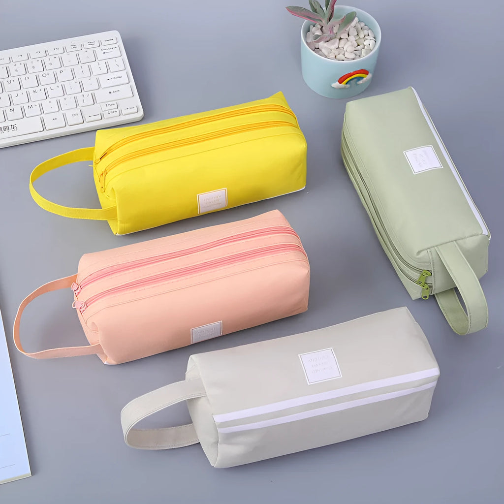 Double-layer Oxford cloth stationery box for junior high school students with double zipper, 63g, shown in Blue, Green, Grey, Pink and Yellow