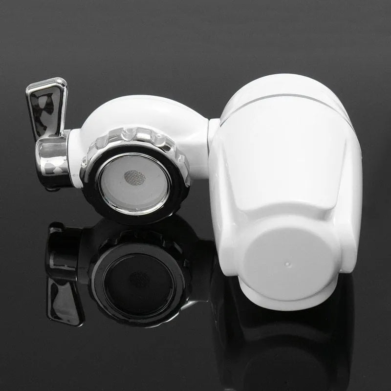 White plastic faucet water filter with adapter kit and ceramic cartridge for kitchen tap installation.