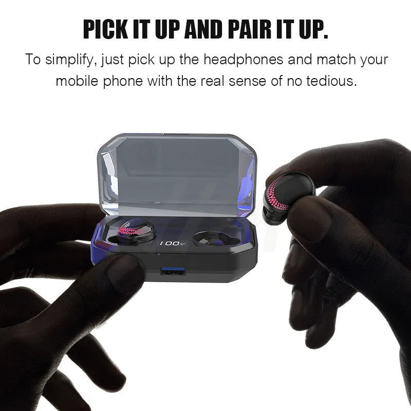 Black X10 Bluetooth headset and its compact rectangular charging case on a white background.