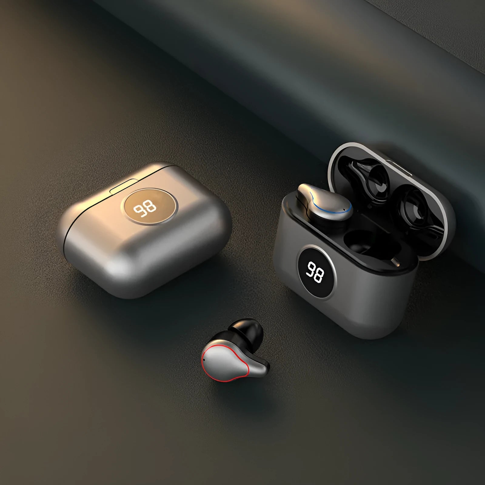 Black and blue in-ear Bluetooth wireless stereo headsets with earplug design.