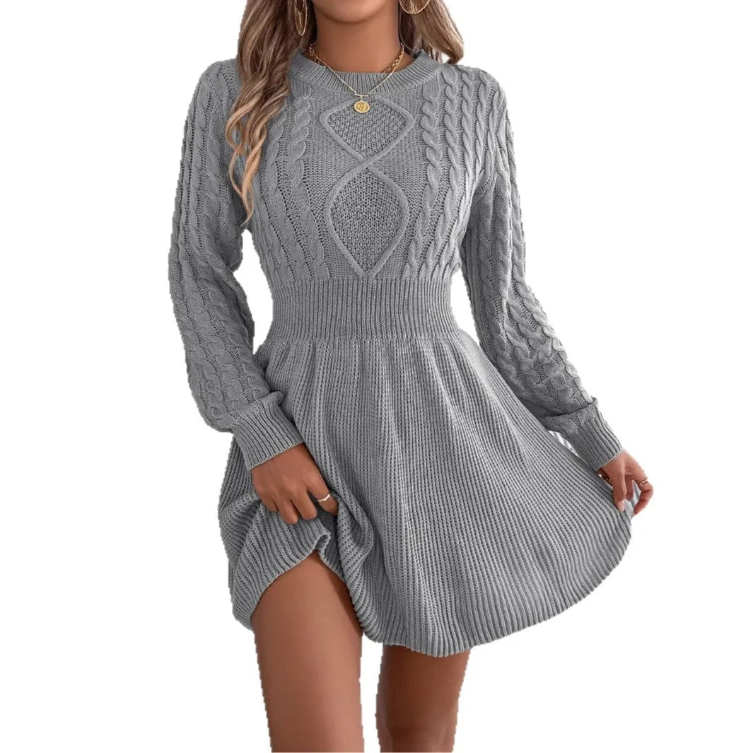 Artificial fur acrylic sweater dress with lantern sleeves and twist waist detail in wine red colour