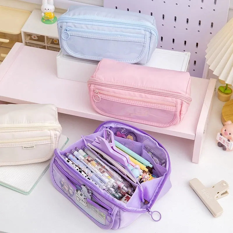 Korean style ten-layer flip canvas pencil case open showing multiple compartments for pens.