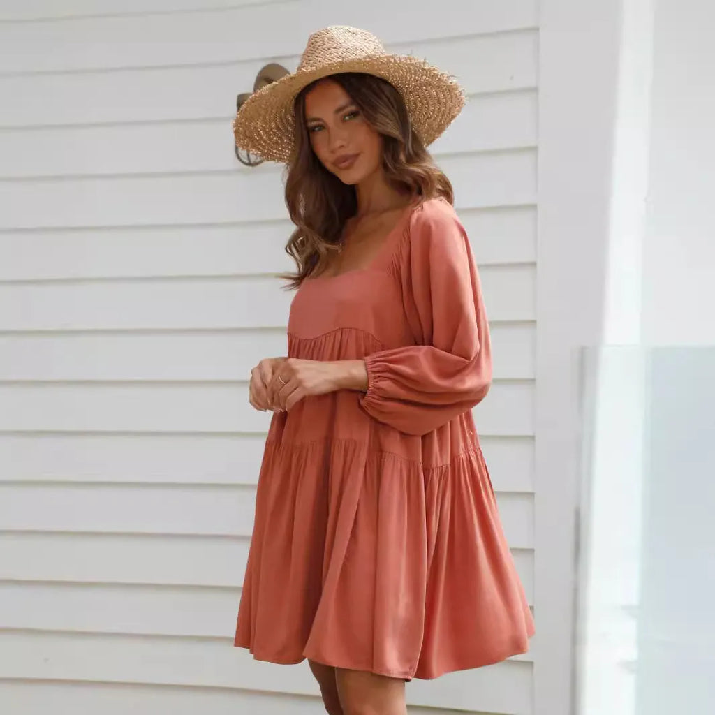 Orange red children's backless dress with square collar and puff sleeves, A-line skirt.