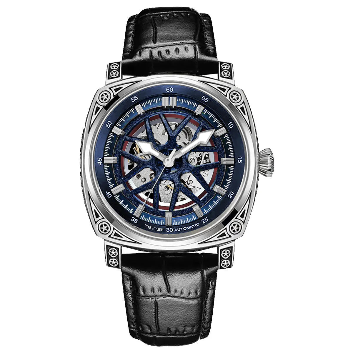 Automatic mechanical men's watch with stainless steel case and leather strap