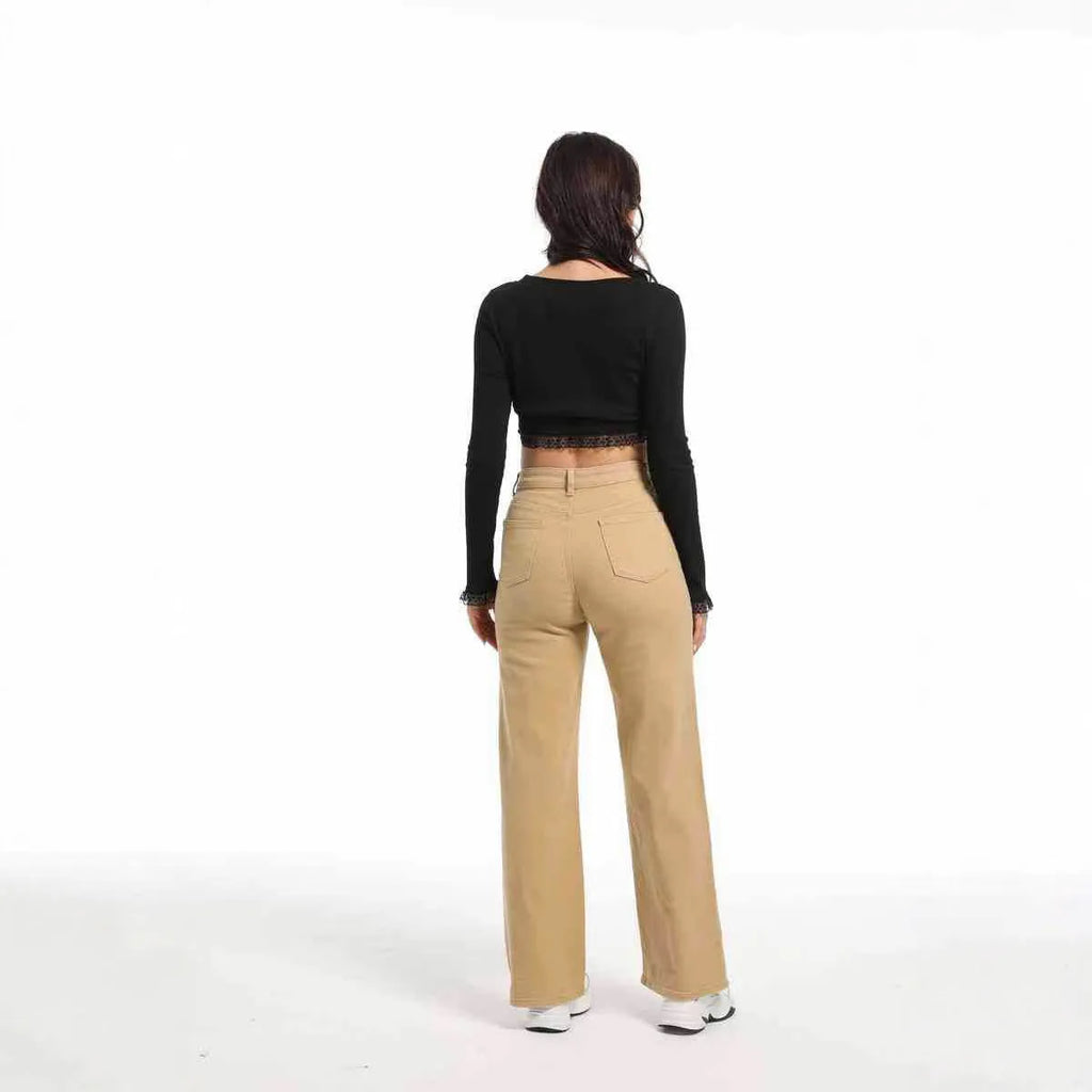 Women's autumn straight jeans wide leg style in apricot colour high waist cotton
