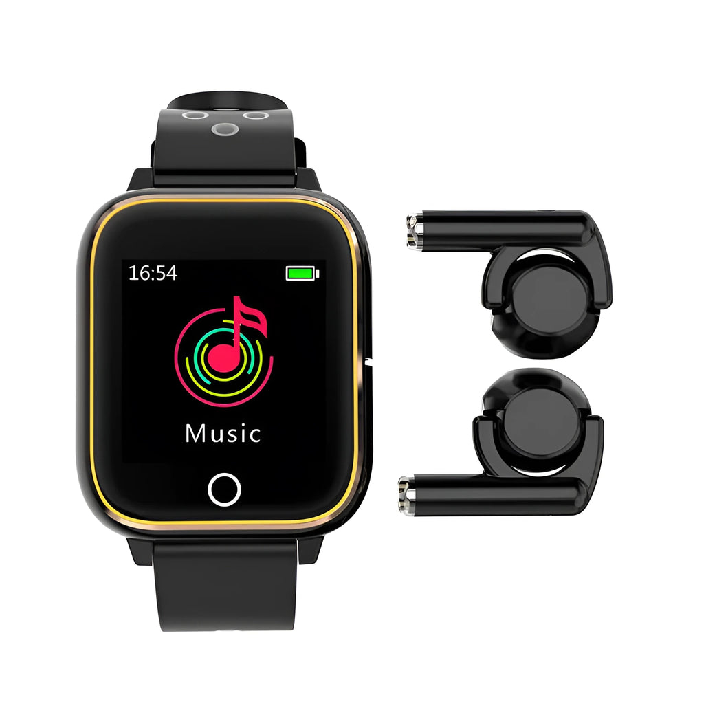 Black smart watch with integrated Bluetooth earbuds stored in watch case showing 1.4-inch display