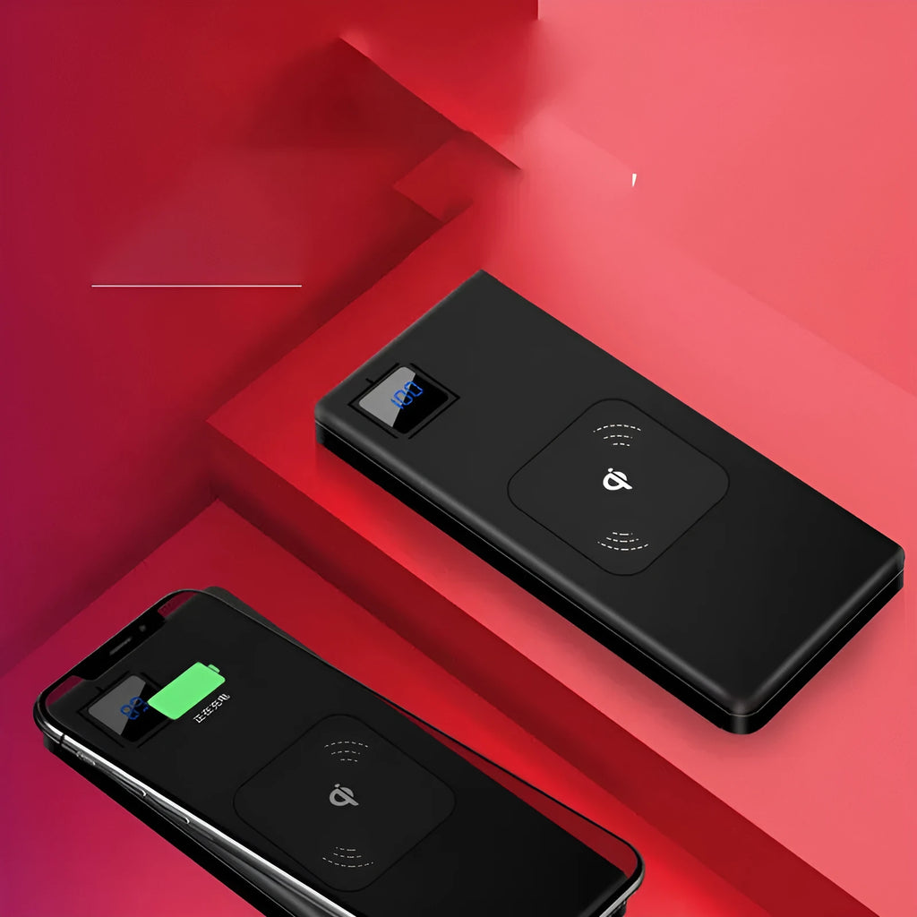 Portable charger power bank with LCD display showing battery percentage on alloy shell