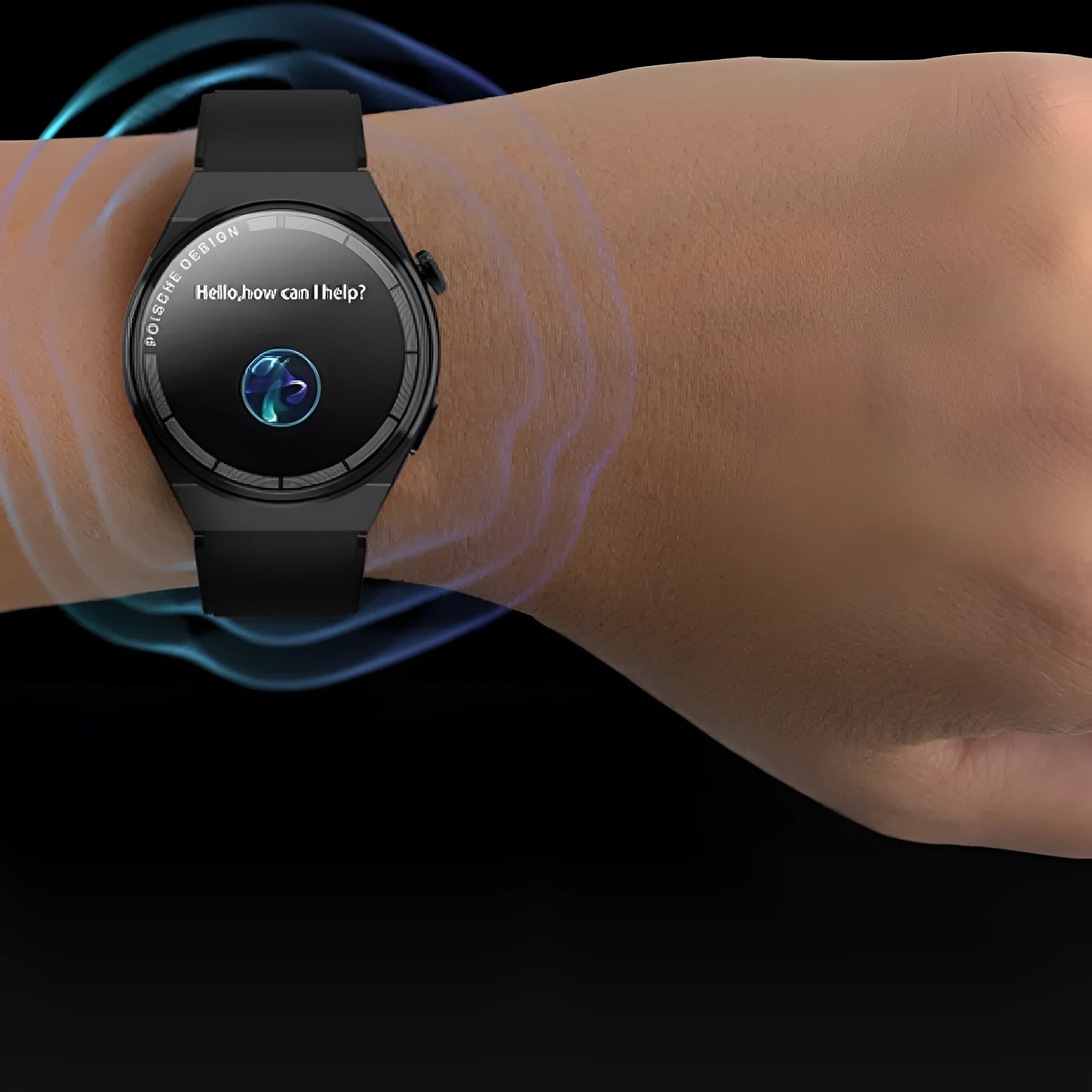 Black Bluetooth smartwatch with a circular 1.39-inch screen on a silicone strap, showing NFC payment and blood glucose monitoring interface.