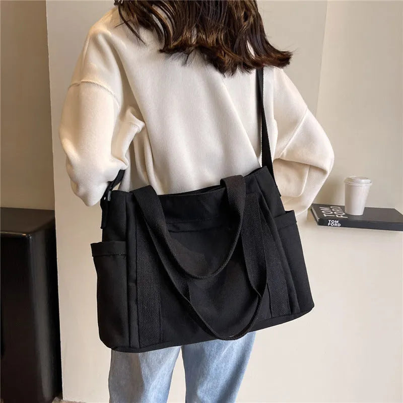 Large capacity polyester canvas shoulder tote bag with sandwich pocket and internal mobile phone compartment