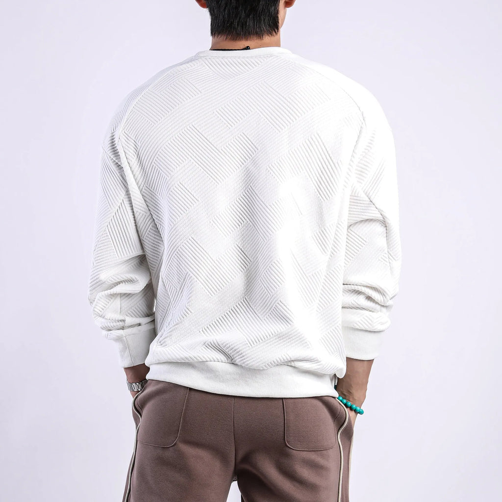 Men's twill jacquard long-sleeved loose fit sweater in army green colour with round neck