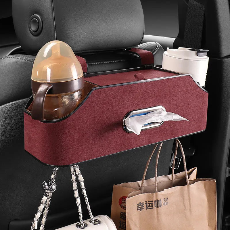 Genuine leather car tissue box organiser with integrated cup holder and buggy bag