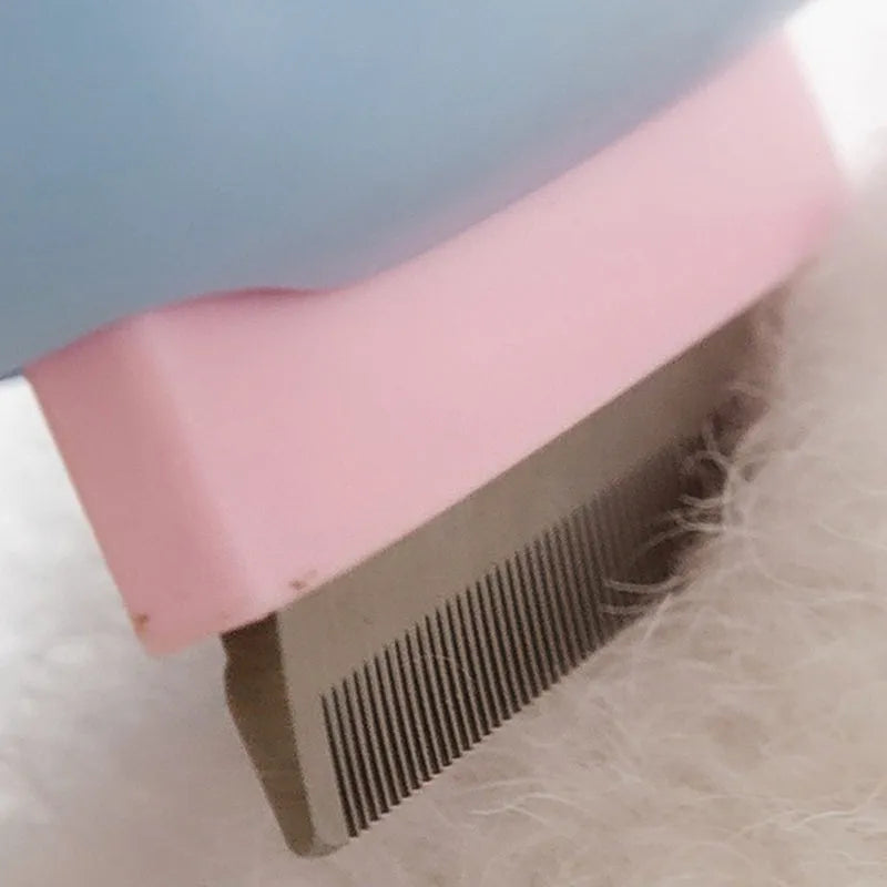 Blue double-sided pet grooming brush showing deshedding rake and dematting comb