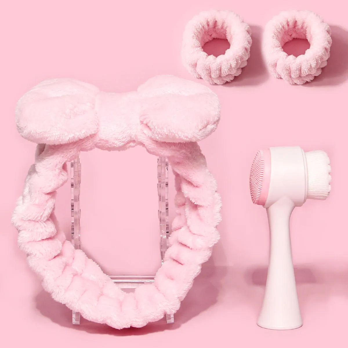 Facial brush set with coral fleece hair band and nylon bristle cleansing brush in multiple colour options