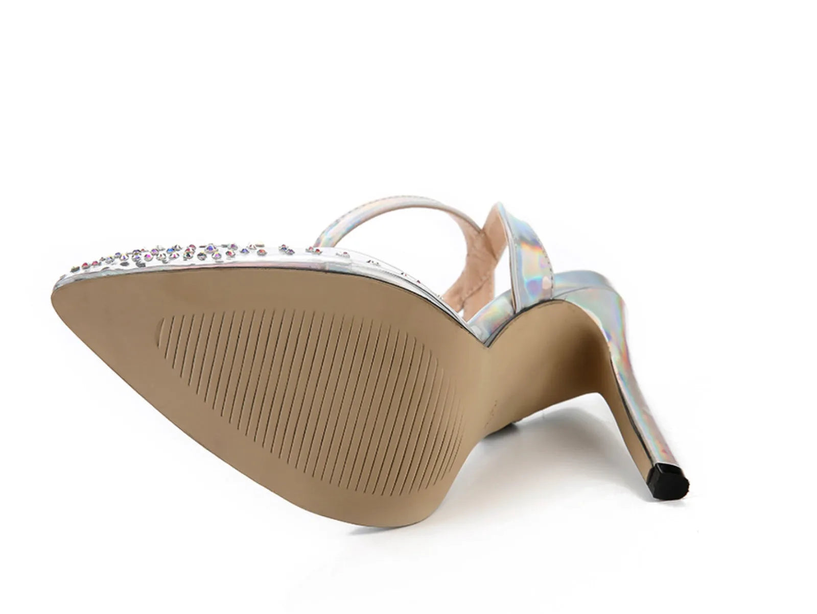 Women's pointed toe stiletto sandals with diamond ornamentation on a PVC upper.
