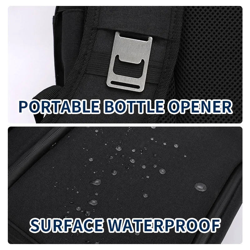 Blue insulated waterproof picnic backpack with 22L capacity and ice pack compartments