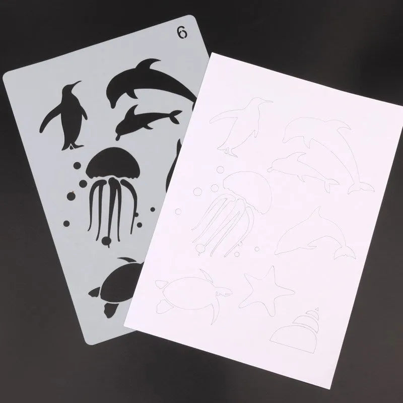 White plastic drawing stencil template for tracing animals, shapes, and vehicle patterns