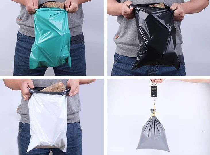 Bundle of 100 clear PE plastic courier bags with adhesive seals in various sizes on a white background.
