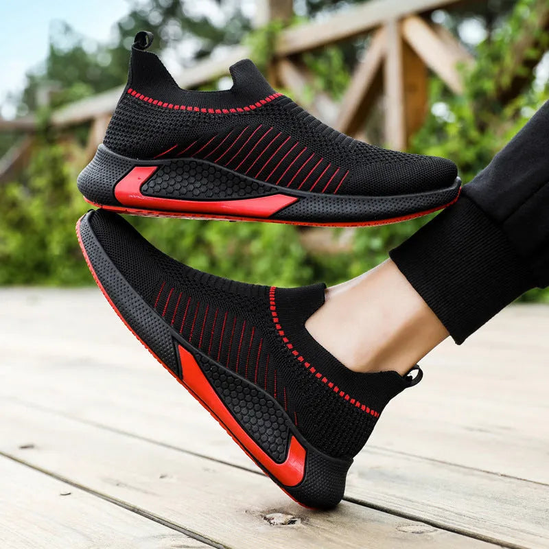 Men's mesh sock shoes with striped design, Flyknit upper, and lace-up front in black colour