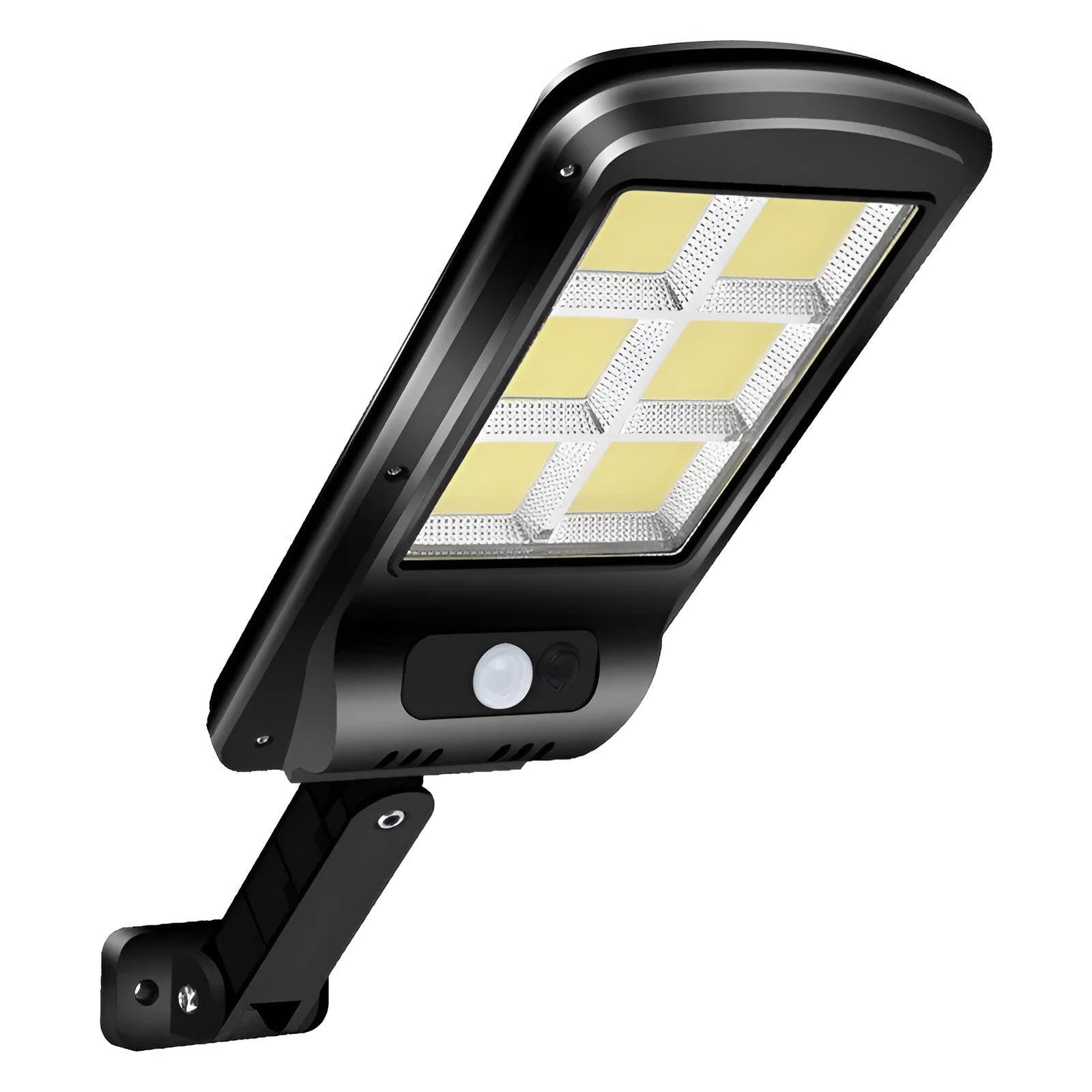 Black outdoor solar motion sensor light for garden or pathway mounting.