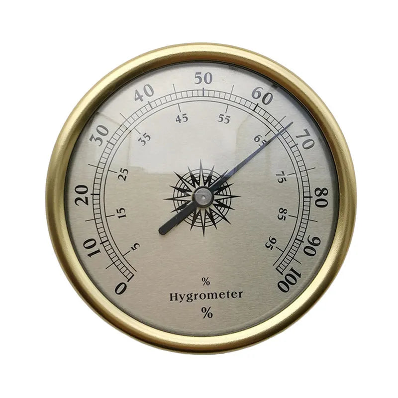Circular aluminium analogue thermometer and hygrometer showing humidity and temperature dials