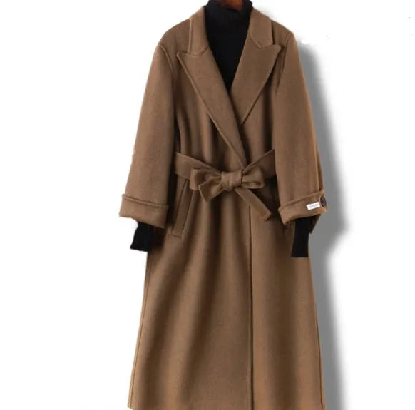 Long men's wool coat with suit collar in black and caramel colour options