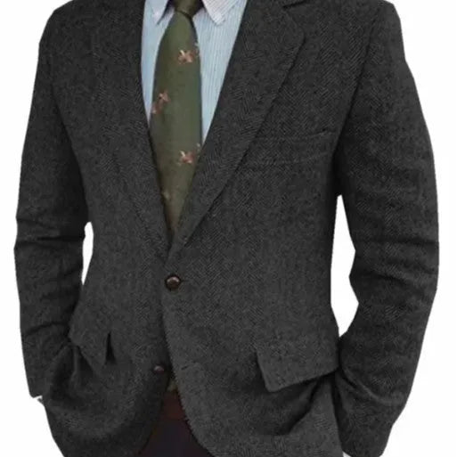 Men's brown herringbone pattern suit jacket with notch lapels and flax lining.