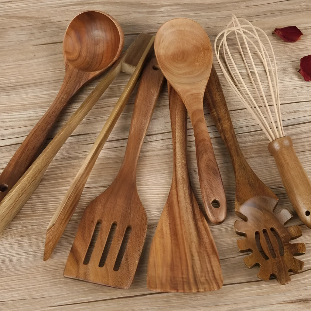 Wooden cooking utensils set of 7 pieces including spoon and spatula designs for non-stick pans