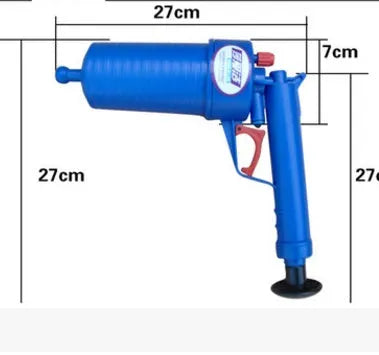 Black and yellow plastic manual drain blaster gun with handle and four different sized suction cup adaptors.